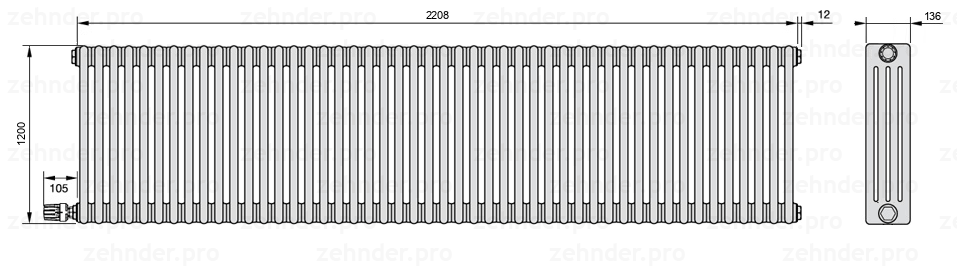 Схема (чертеж) Радиатор Zehnder Charleston 4120/48 №V003 Белый глянцевый RAL 9016
